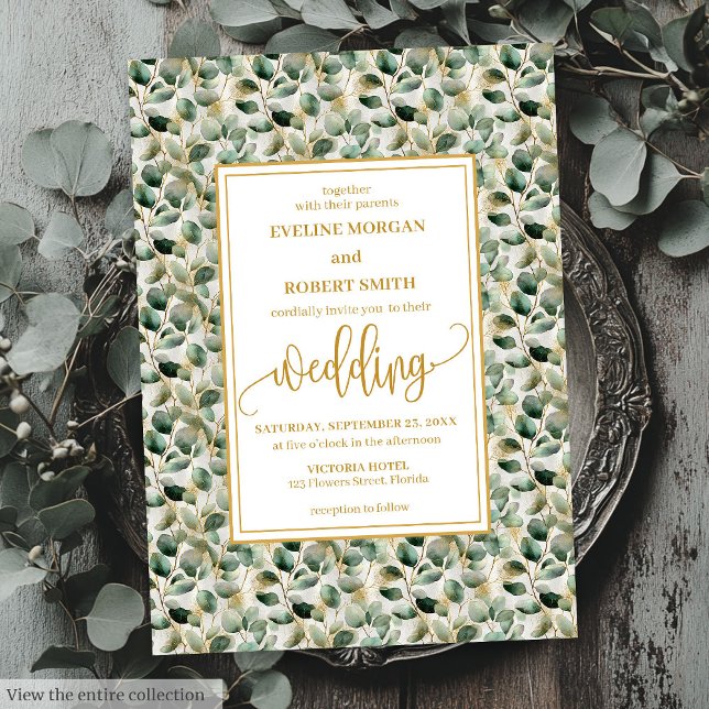 Einladung zur Minimalistischen Salbei-Eukalyptus-H (Minimalist sage gold eucalyptus wedding invitation

)