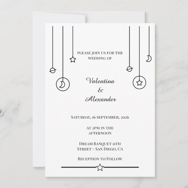 Einladung zur Minimalistischen Weltraumhochzeit (Vorderseite)