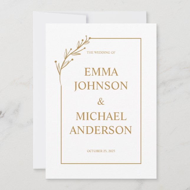Einladung zur Minimalistischen White & Gold Hochze (Vorderseite)