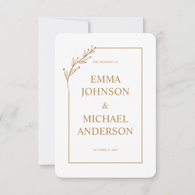 Einladung zur Minimalistischen White & Gold Hochze (Vorderseite)