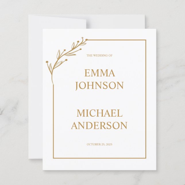Einladung zur Minimalistischen White & Gold Hochze (Vorderseite)