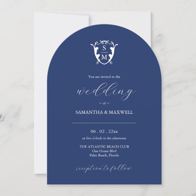 Einladung zur Mit Monogramm Hochzeit in Navy Blue (Vorderseite)
