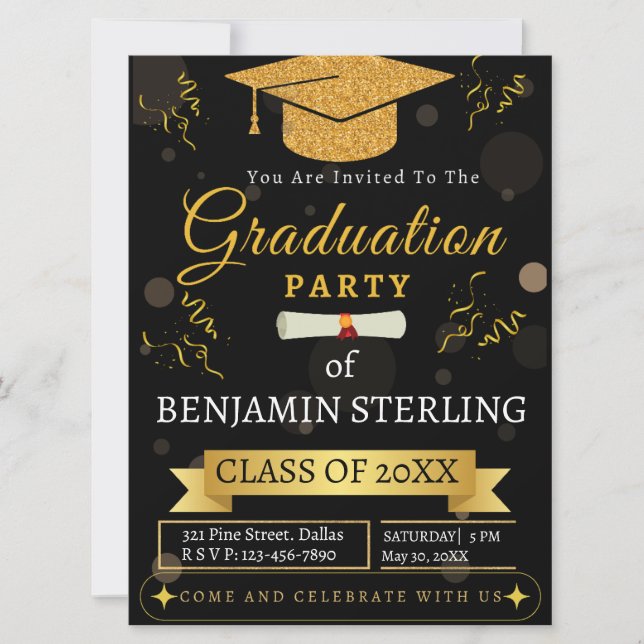 Einladung zur modernen Black and Gold Graduation P (Vorderseite)