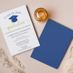 Einladung zur modernen Blauen und Gold Graduation 