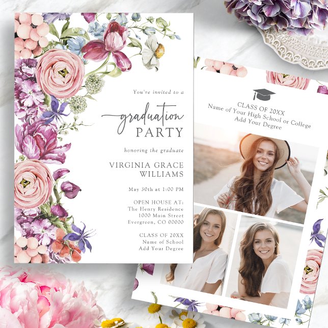 Einladung zur Modernen Blumenstuhlabteilung (Modern Floral Watercolor Graduation Party Invitation with Pictures by Painted Paperie
)