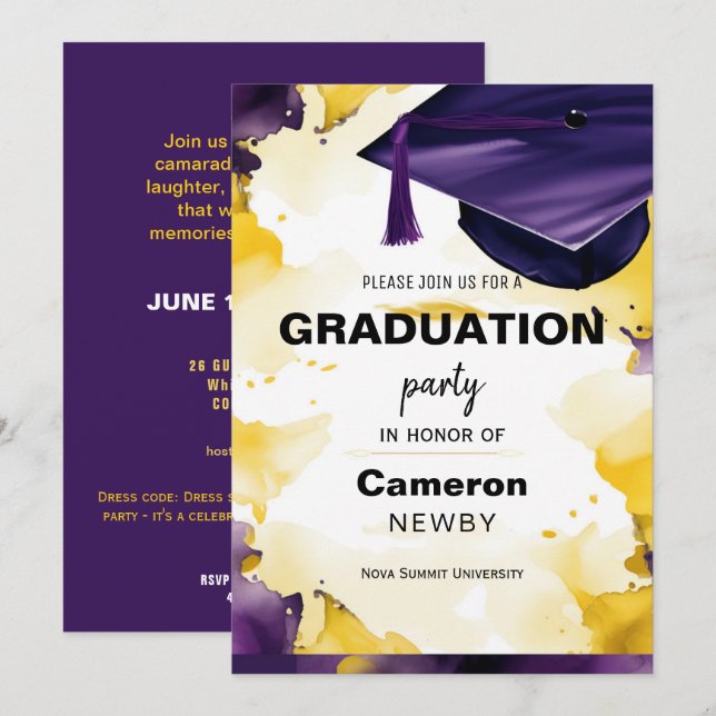 Einladung zur Mortarboard Watercolor Graduation Pa (Vorne/Hinten)