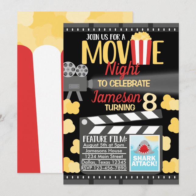 Einladung zur Movie Night Birthday Party (Vorne/Hinten)