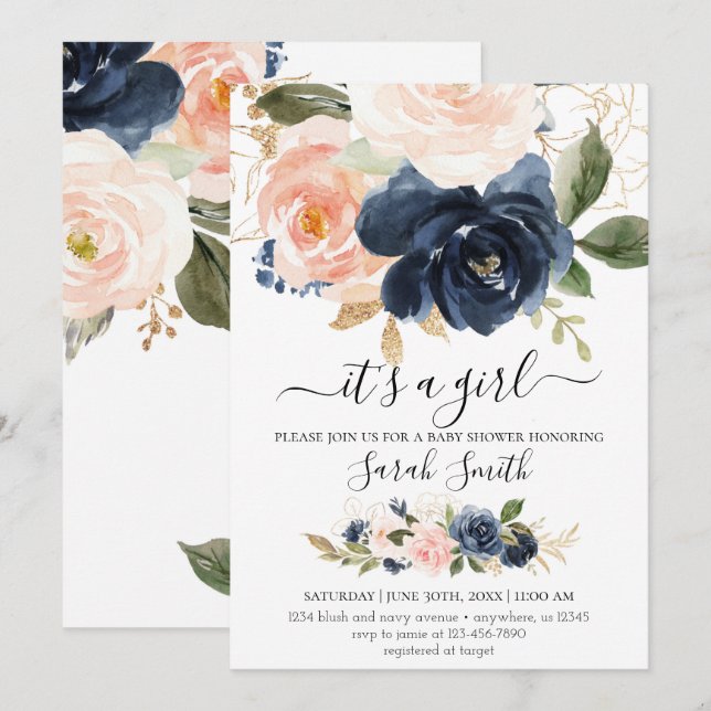 Einladung zur Navy and Blush Baby Dusche (Vorne/Hinten)