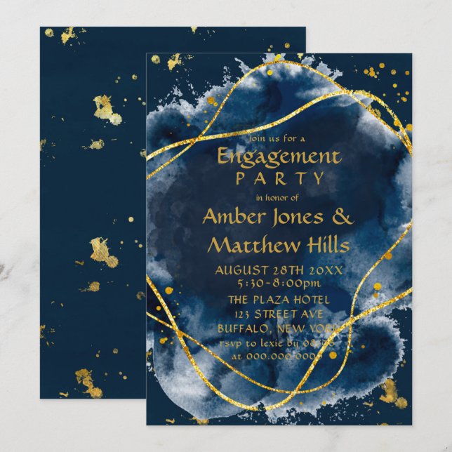 Einladung zur Navy Blue Paint Gold Engagement Part (Vorne/Hinten)
