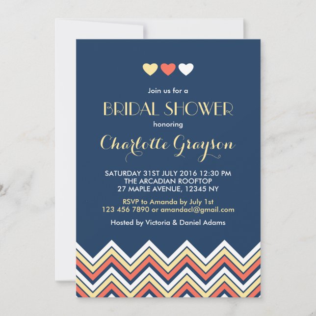 Einladung zur Navy Blue Yellow Zickzack Bridal Dus (Vorderseite)