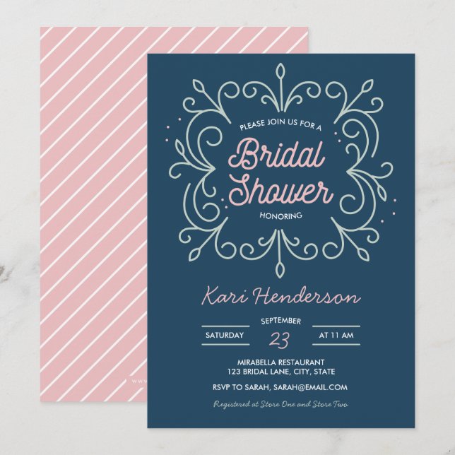 Einladung zur Navy Blush and Mint Bridal Dusche (Vorne/Hinten)