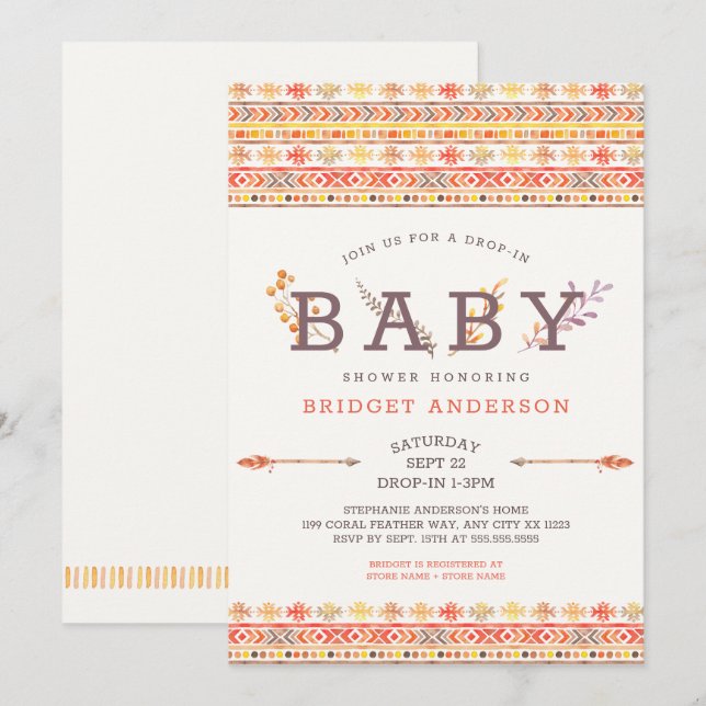 Einladung zur neutralen Drop-in-Boho Tribal Baby S (Vorne/Hinten)