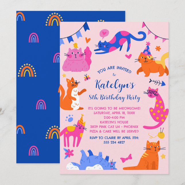 Einladung zur niedlichen Katze zum Geburtstag (Vorne/Hinten)