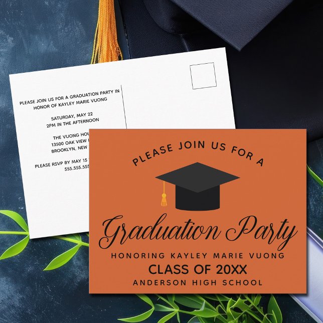 Einladung zur Orange Graduation Party Postkarte (Von Creator hochgeladen)