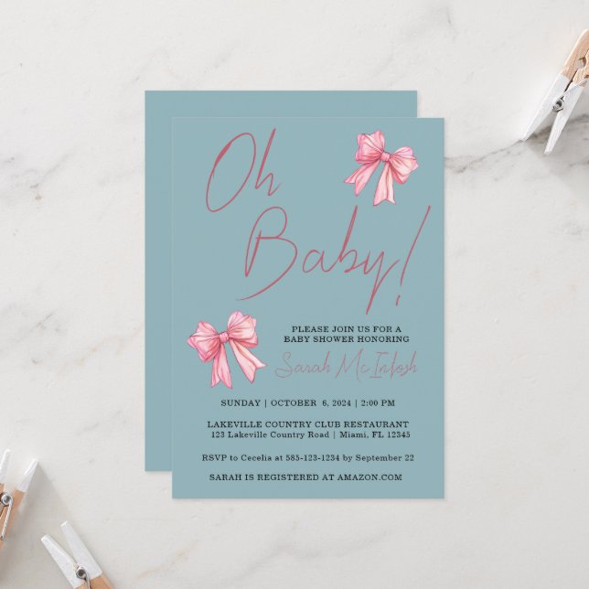 Einladung zur Pink Bow Baby Dusche (Vorderseite/Rückseite Beispiel)