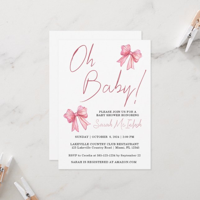 Einladung zur Pink Bow Baby Dusche (Vorderseite/Rückseite Beispiel)
