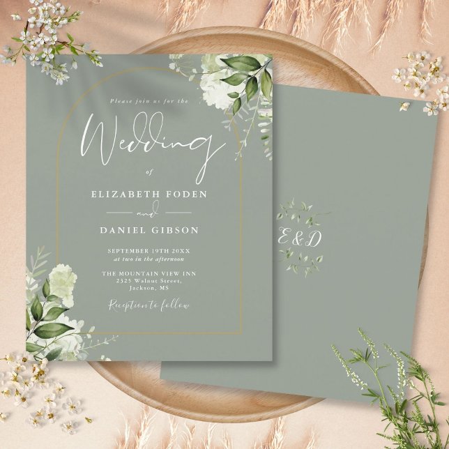 Einladung zur Preisverleihung des Green Floral Gol (Budget Sage Green Floral Gold Arch Wedding Invite)