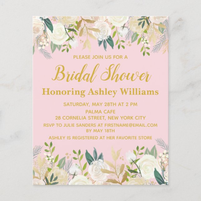 Einladung zur preiswerten Blush Pink & Gold Bridal (Vorderseite)