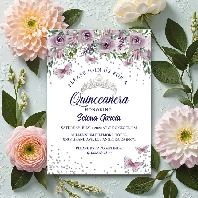 Einladung zur Quinceañera – Lila Blumen & Schmette (Von Creator hochgeladen)