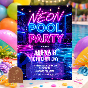 Einladung zur rosa Neon-Poolparty für Mädchen-Teen