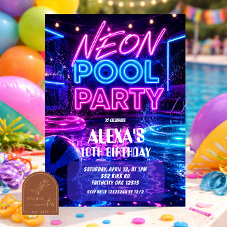 Einladung zur rosa Neon-Poolparty für Mädchen-Teen