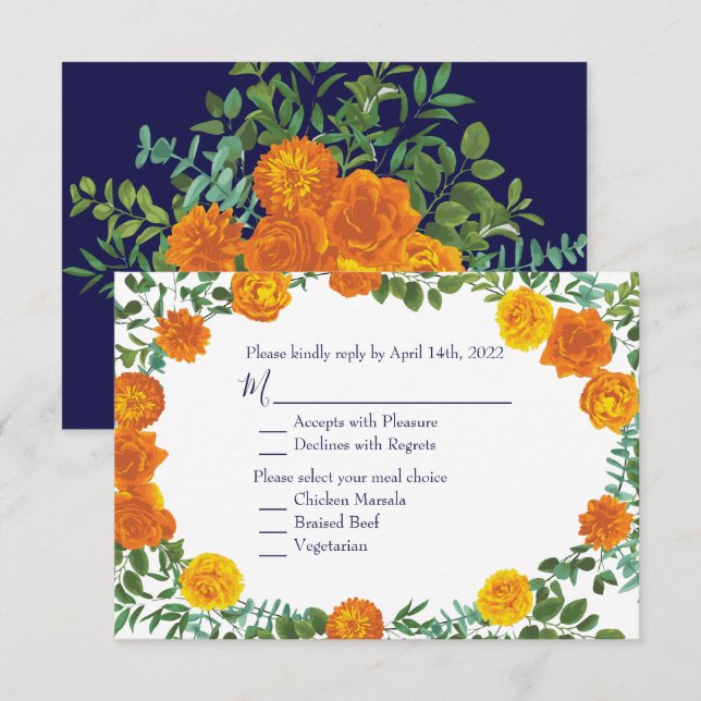 Einladung zur Rose von Orange & Navy Blue Peony (Vorne/Hinten)