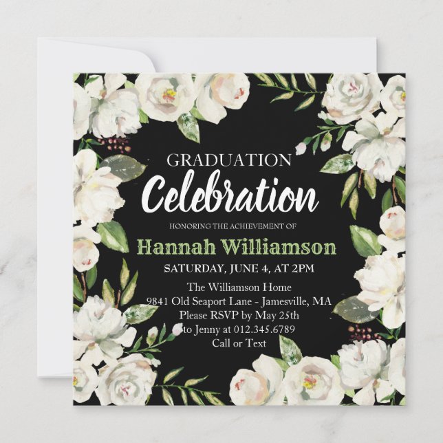 Einladung zur Schwarz-Weiß-Blumen-Graduation (Vorderseite)