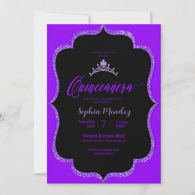 Einladung zur Schwarzen und lila Quinceanera (Vorderseite)