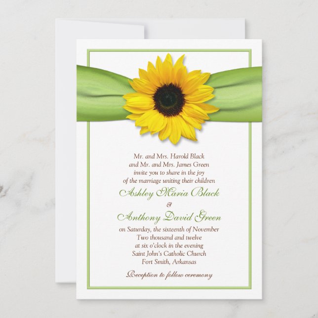 Einladung zur Sonnenblume Green Ribbon Hochzeit (Vorderseite)