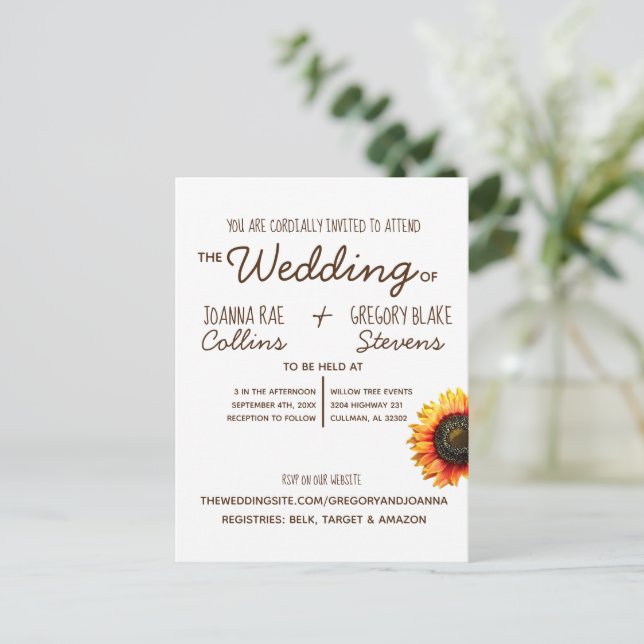 Einladung zur Sonnenblumenhochzeit Postkarte (Stehend Vorderseite)