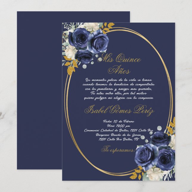 Einladung zur spanischen Marine Blue Quinceanera (Vorne/Hinten)