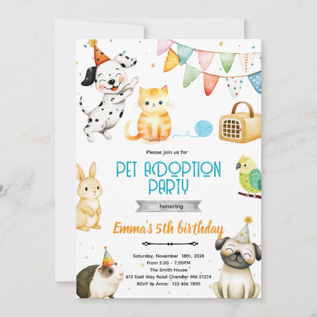 Einladung zur Tieradoptionsparty (Vorderseite)