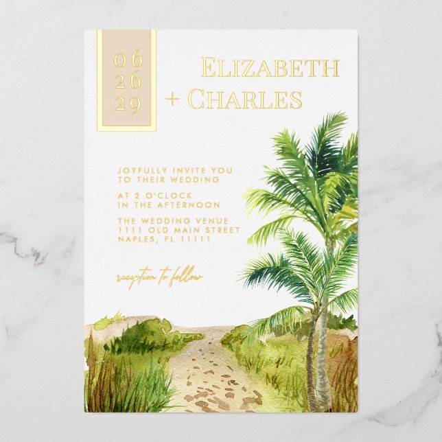 Einladung zur Tropical Beach Hochzeit in Urlaubsor (Vorderseite)