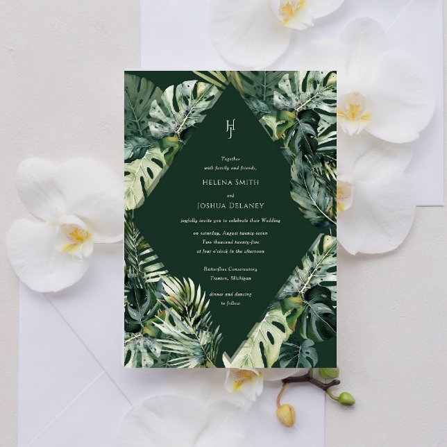 Einladung zur tropischen Hochzeit, botanisch-modis (Tropical wedding invitation modern - Emerald green)