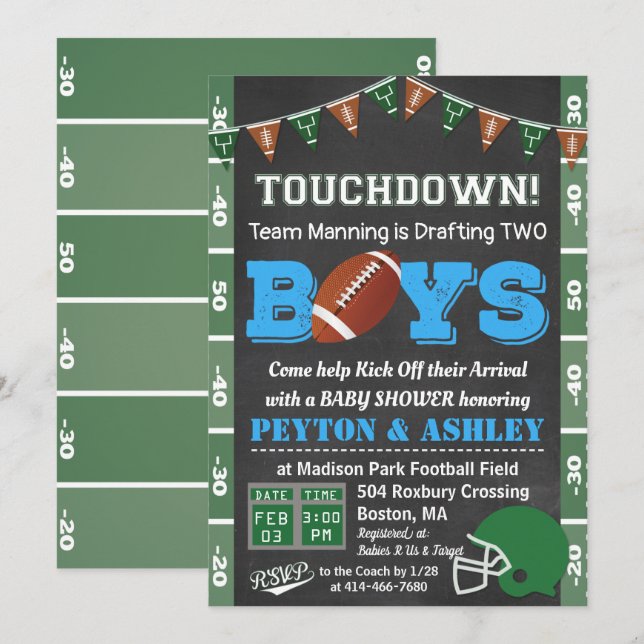 Einladung zur TWIN Football Baby Shower Chalkboard (Vorne/Hinten)
