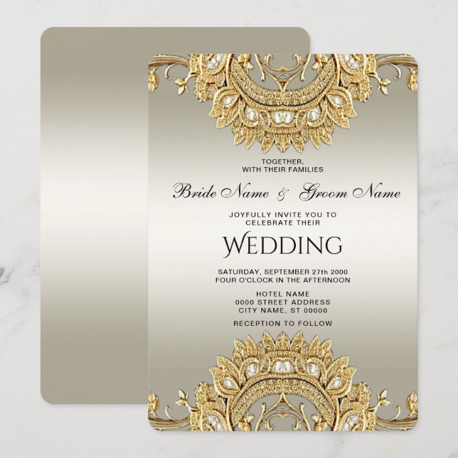 Einladung zur Verzierten Hochzeit von Gold (Vorne/Hinten)