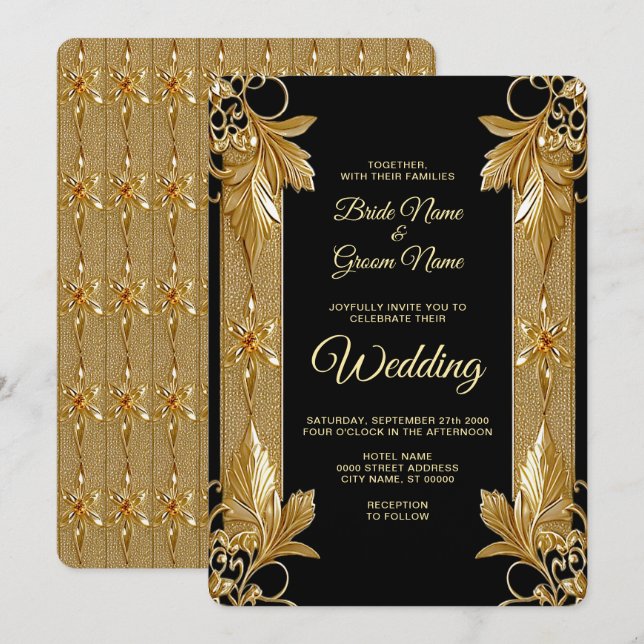 Einladung zur Verzierten Hochzeit von Gold Black (Vorne/Hinten)