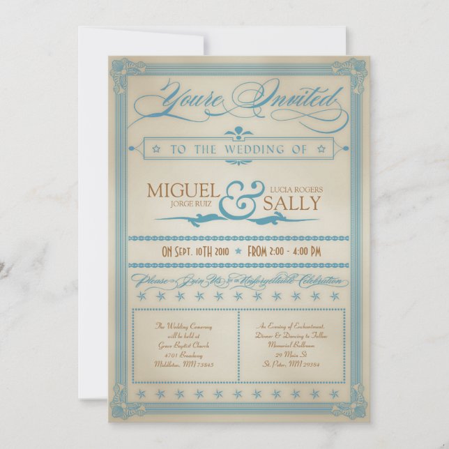 Einladung zur Vintagen Blauen und Braun Hochzeit (Vorderseite)