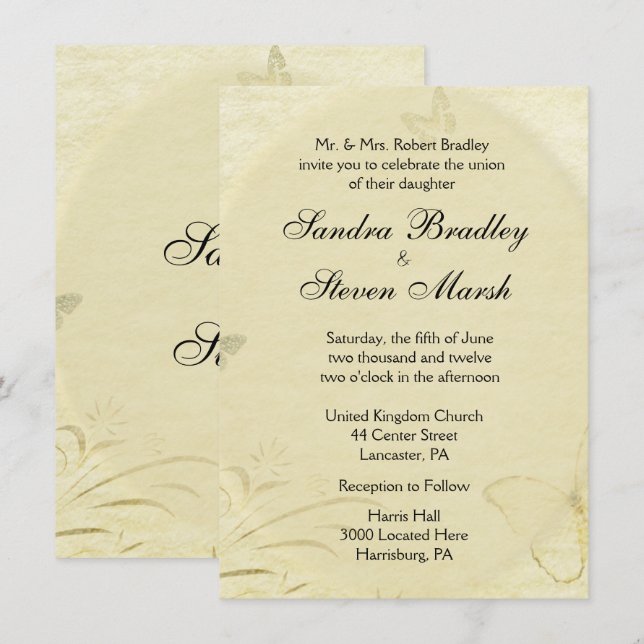 Einladung zur Vintagen Butterfly-Hochzeit (Vorne/Hinten)