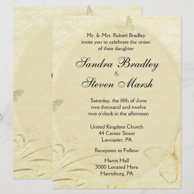 Einladung zur Vintagen Butterfly-Hochzeit (Vorne/Hinten)