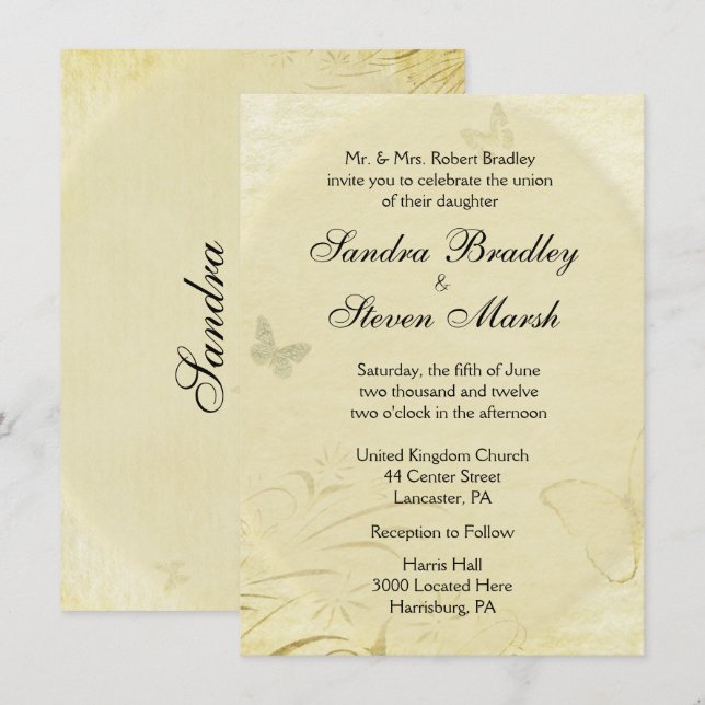 Einladung zur Vintagen Butterfly-Hochzeit (Vorne/Hinten)