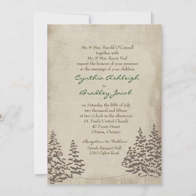 Einladung zur Vintagen Evergreen Winter Wedding (Vorderseite)