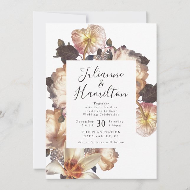 Einladung zur Vintagen Hochzeit mit antiker Blume (Vorderseite)