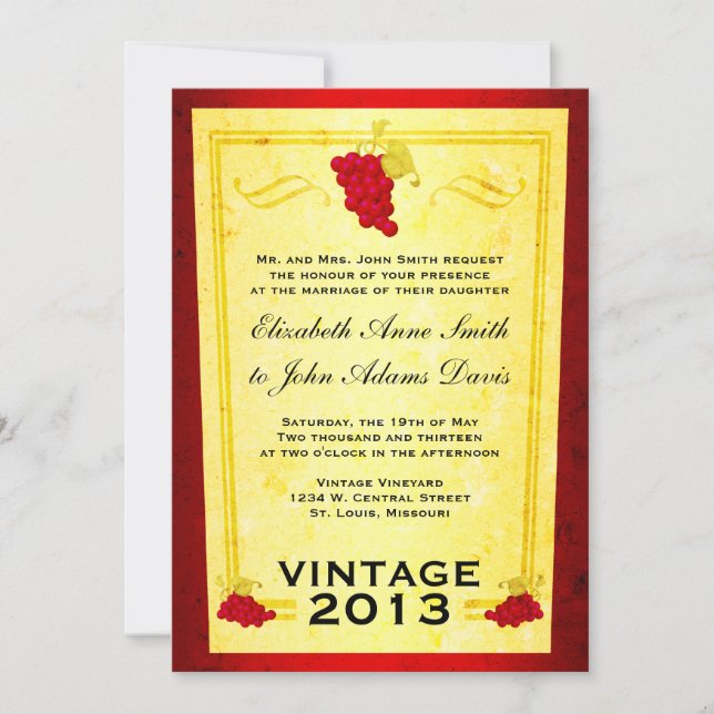 Einladung zur Vintagen Hochzeit von Rotwein (Vorderseite)