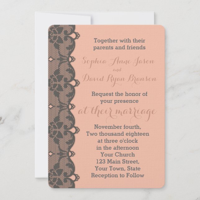 Einladung zur Vintagen Peach Grey Lace Hochzeit (Vorderseite)