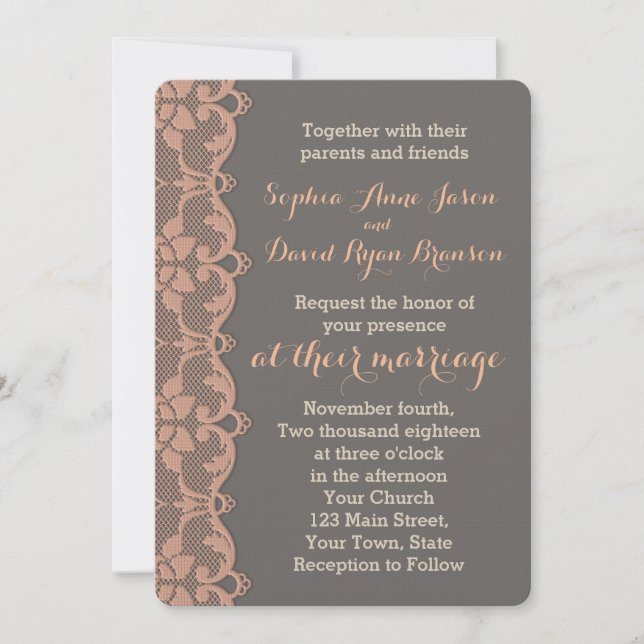 Einladung zur Vintagen Peach Grey Lace Hochzeit (Vorderseite)
