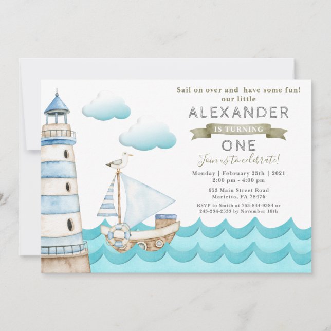 Einladung zur Watercolor Nautical Birthday Party (Vorderseite)