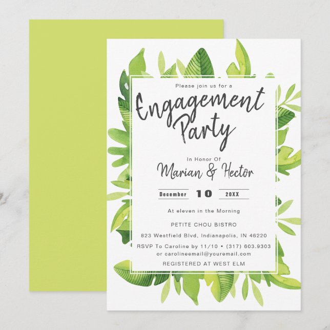 Einladung zur Watercolor Tropical Engagement Party (Vorne/Hinten)