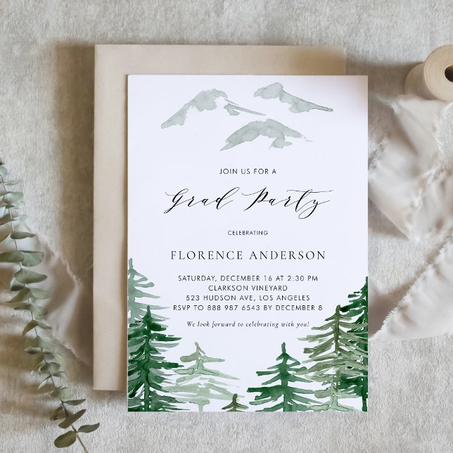 Einladung zur Watercolor Woodland Graduation Party (Customizable woodland graduation party invitation featuring watercolor enchanted forest.)