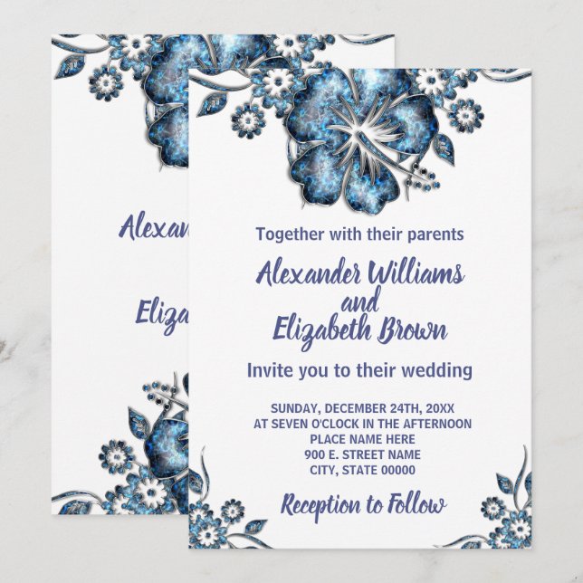 Einladung zur Wedding Country Chic Blue Blume (Vorne/Hinten)